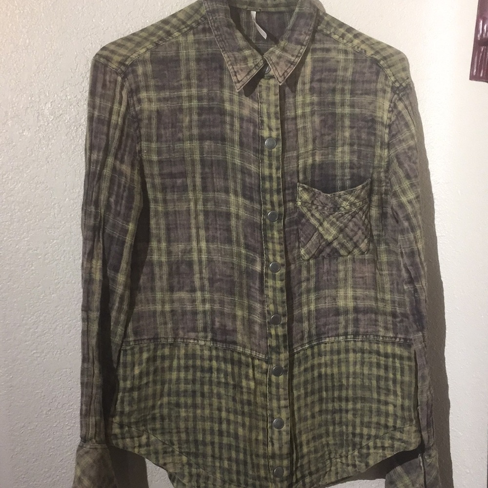 Free People Distressed Grunge Plaid Button Up